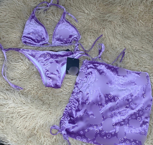 Purple Velvet LV Bikini With Skirt 💜